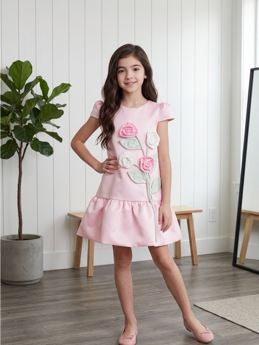 Girls Pink Floral Appliqué Party Dress